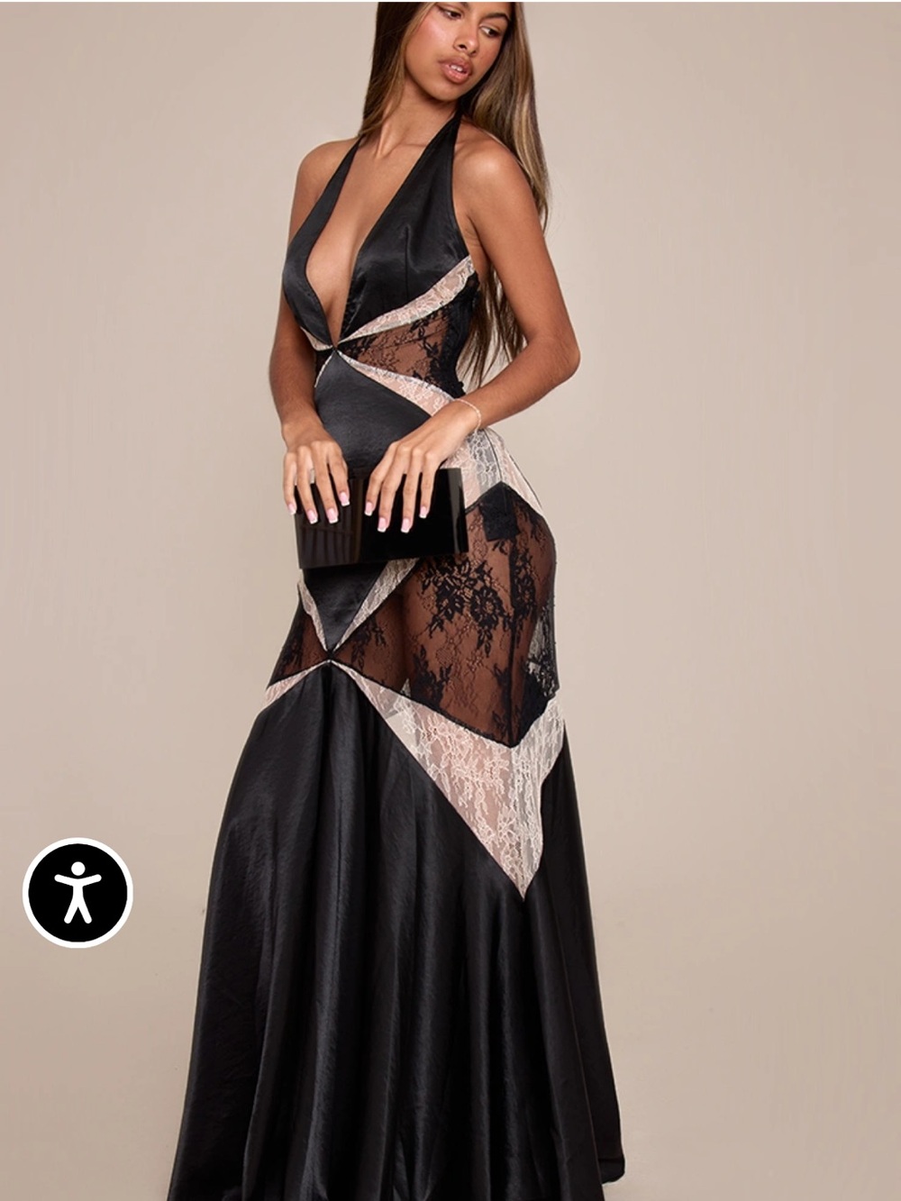 Black & Cream Lace Panel Halter Evening petite monochrome fishtail maxi dress